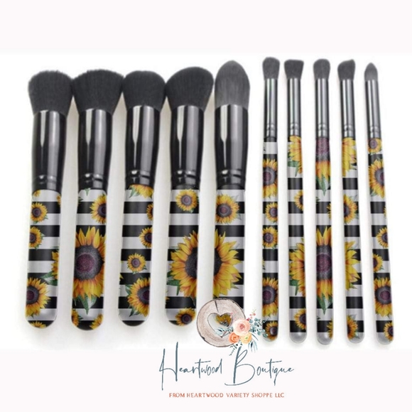 Cowprint makeup brush set 10pc western sunflower stripe horse cowboy Retro new - Picture 4 of 4